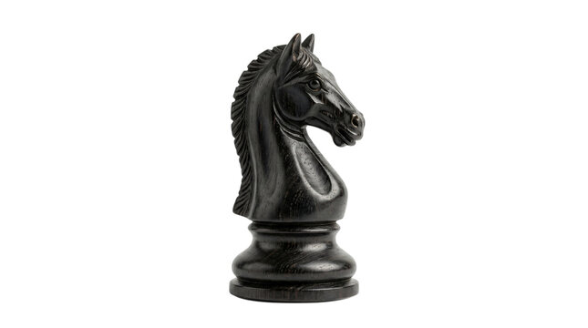 Black chess knight piece standing isolated on a pure white background. Wooden carved figurine showing horse head with detailed mane. Strategic game symbol for corporate leadership and tactics