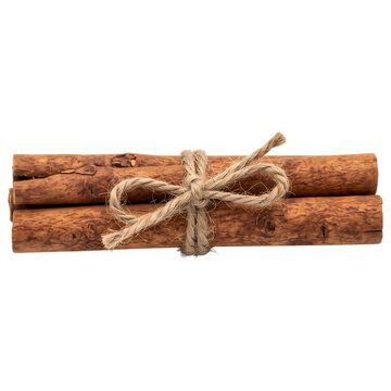 Bundle of cinnamon sticks tied with string rope isolated on white background aromatic dry culinary spice and christmas holiday baking ingredient