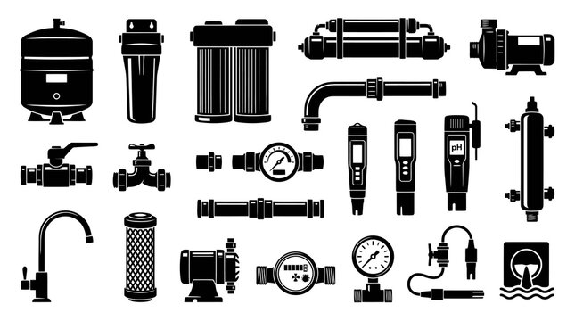 Industrial Water Treatment and Plumbing Equipment Glyph Vector Icons Set