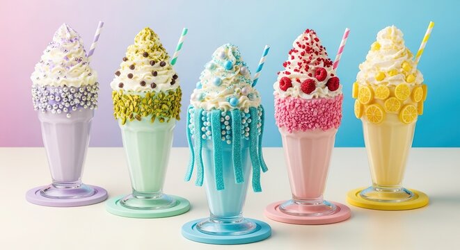 Colorful ice cream sundaes with vibrant toppings in bright pastel cups for dessert photography.