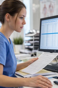 Professional Healthcare Analyst Reviews Digital Claims and Billing Data on Computer, Ensuring Compliance and Efficient Reimbursement Processing.
