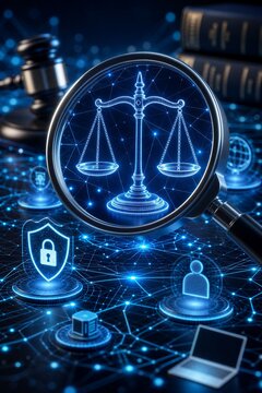 Futuristic Magnifying Glass Projects Digital Scales of Justice Over a Network, Symbolizing Cyber Law and Online Legal Security.