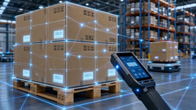Advanced Pallet of Cardboard Boxes in Automated Warehouse with Digital Tracking and Inventory Management Systems Displaying Futuristic Data Flow.