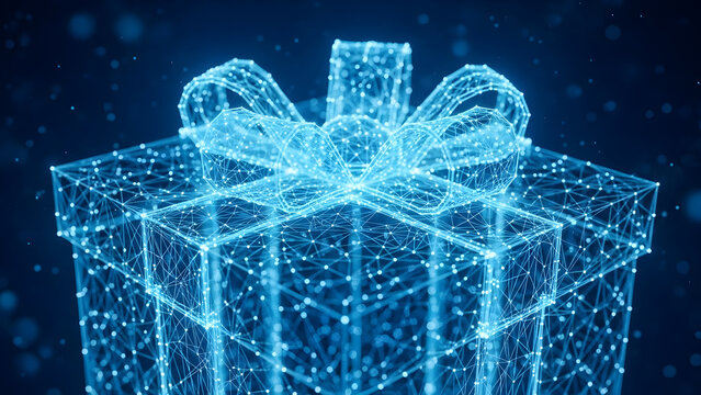 Digital Gift Box Concept Featuring a Glowing Wireframe Mesh Design Representing Innovation and Virtual Rewards in Modern Technology