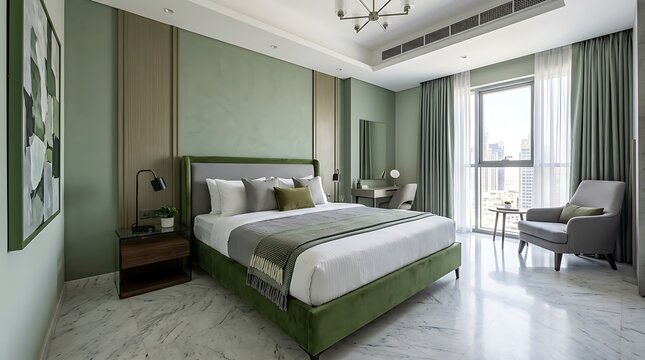 Modern Luxury Bedroom Interior Design with Elegant Green Accents and City View from Large Window