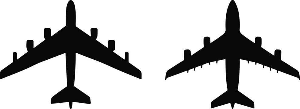 Two black silhouettes of large four-engine passenger airplanes shown from a top-down perspective, isolated on a white background, for aviation