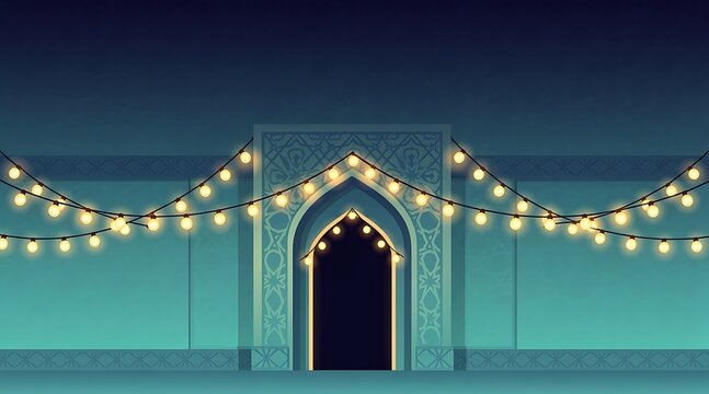 Traditional Islamic Mosque Arch with Glowing String Lights Decoration for Ramadan and Eid Celebration