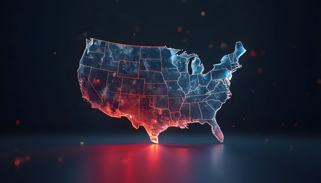 United states glass map glowing in 3d isometric perspective digital illustration for corporate logistics and data visualization marketing