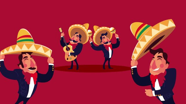 Mexican mariachi musicians animation with traditional costumes and instruments for cinco de mayo celebration.