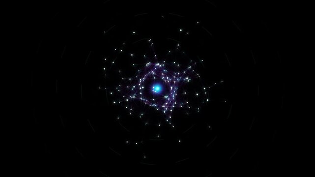 Abstract glowing network of interconnected particles and lines pulsating with blue light in dark