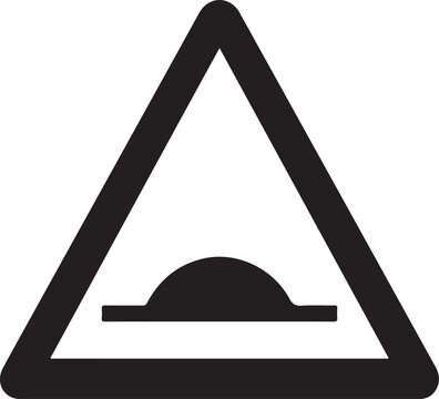 Speed bump warning sign showing a black hump symbol within a triangular boundary to inform motorists about upcoming road elevations and vehicle speed reduction measures for safe residential driving.