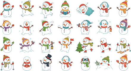 Obraz premium Cute Snowman Cartoon Character Vector Set with Playful Winter Activities Ice Skating Skiing Reading and Sleeping Icons for Christmas Holiday Graphic Designs