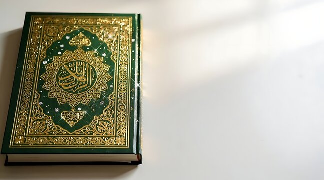 Beautiful Green Holy Al Quran Book with Gold Arabic Calligraphy and Sparkles on White Background