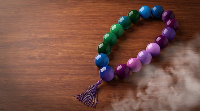 Colorful Islamic Prayer Beads Misbaha with Tassel on Wooden Background and Incense Smoke for Ramadan