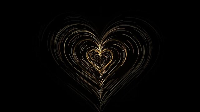 Golden heart abstract swirls energy burst motion black background romantic love celebration
