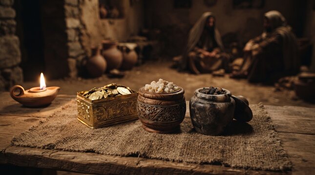 Gold Frankincense and Myrrh Gifts in an Ancient Biblical Setting