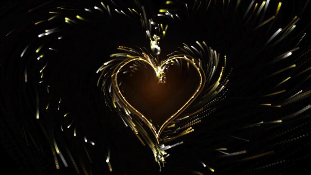 Golden heart shape with swirling sparkling particles forming a vortex on black background