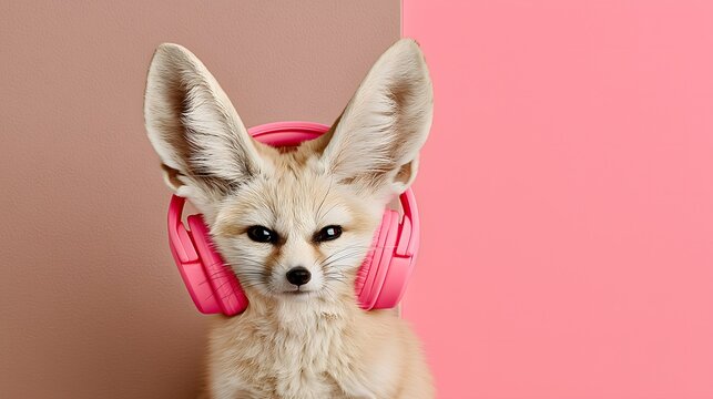 Fennec fox wearing pink headphones on a split color background, cute and stylish portrait