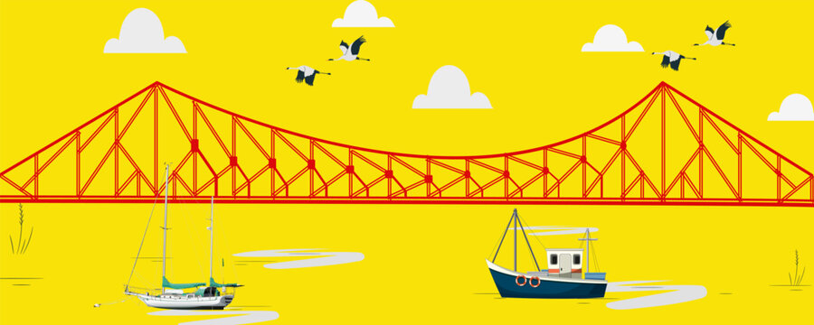 Howrah Bridge Vector Illustration, Iconic Historic Cantilever Bridge Over Hooghly River in Kolkata, West Bengal, India, Famous Indian Landmark and Architectural Travel Destination