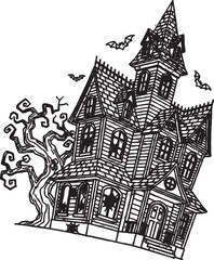 Naklejka premium Spooky haunted house mansion with bare tree and bats outline drawing halloween illustration architecture building seasonal silhouette decoration abandoned monochrome structure