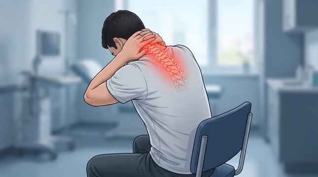 Illustration of man sitting in office chair suffering from severe neck and back pain holding spine with red glow indicating injury or stress caused by bad posture