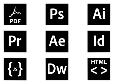 Software icons set with square shapes featuring PDF, Photoshop, Illustrator, Premiere Pro, After Effects, InDesign, HTML, JavaScript, Dreamweaver with black and white design
