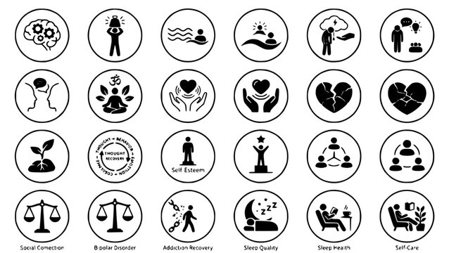 Mental health set with circular icons featuring brain, person, water, sun with thought, self-esteem and bipolar disorder