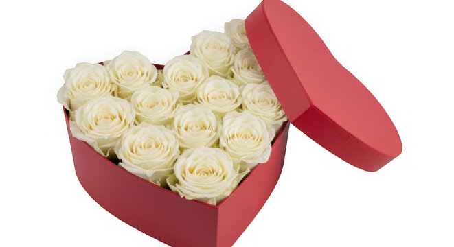Red heart shaped gift box filled with white roses isolated on transparent background