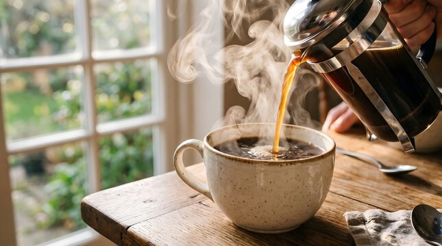 Hot aromatic coffee pouring from glass french press into ceramic mug