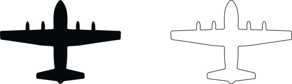 View of a four-engine cargo airplane, shown as both a solid black silhouette and a simple white outline on white background