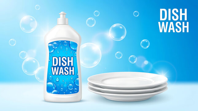 Dishwashing liquid detergent bottle with stack of clean white plates and shiny bubbles