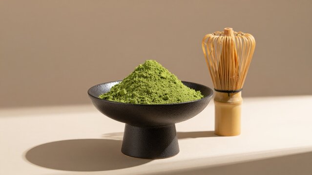 Green Matcha Powder with Whisk on Minimalist Background Display