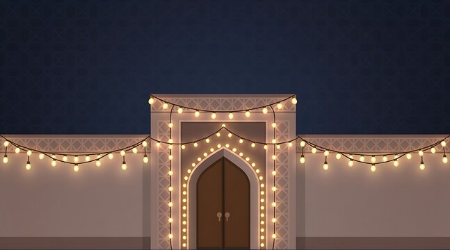 Festive Islamic Architecture Wall with Decorative String Lights and Arched Doorway at Night Background