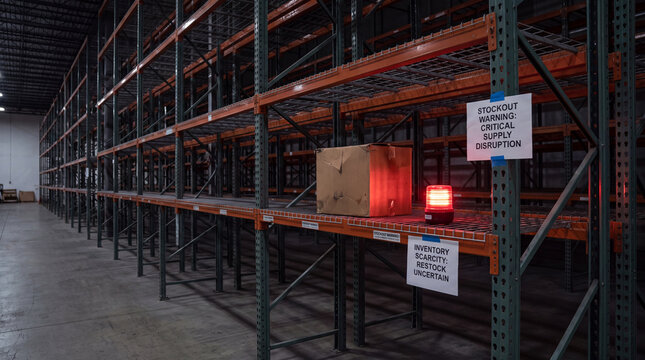 Empty warehouse shelving with single cardboard box and red warning light signaling supply disruption and inventory scarcity