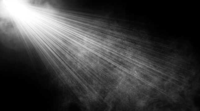 Dramatic light rays through volumetric smoke texture on black background. High contrast atmospheric fog background. Abstract sunbeams in misty darkness.