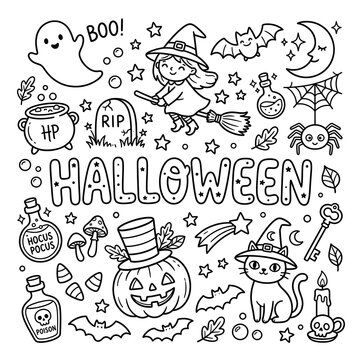 Cute Halloween Coloring Page with Little Witch, Pumpkin, Ghost and Spooky Elements for Kids