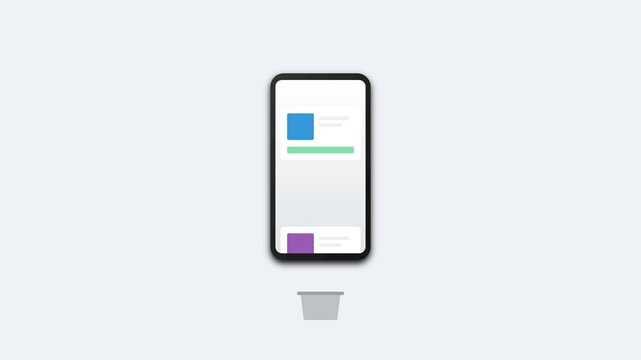Minimalist Animation of Deleting Mobile App Content Cards into a Trash Bin Icon on a Smartphone Screen