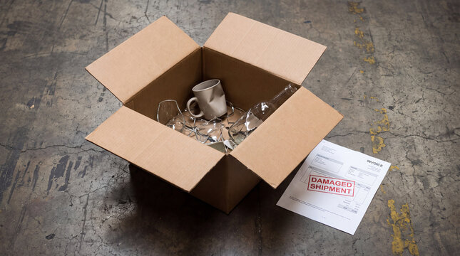 Broken glass and ceramic cup in open cardboard box with damaged shipment invoice on concrete floor