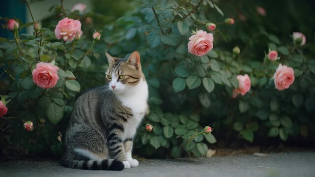 Cat beside garden roses with copy space on right Cat resting by roses