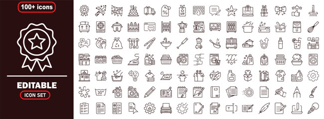 Fototapeta premium Large collection of over one hundred thin line vector icons for laundry cleaning and household chores