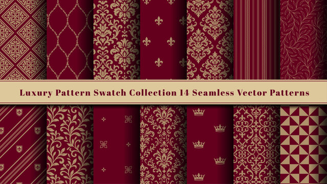 Luxury Gold & Red Seamless Pattern Swatch Collection - Damask, Geometric, and Royal Backgrounds
