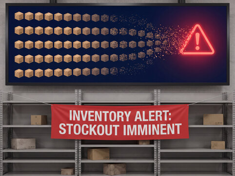 Inventory alert stockout imminent sign with empty shelves and warning symbol showing low supply risk