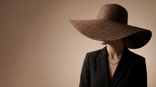 Elegant Woman Wearing Wide Brim Straw Hat and Black Blazer with Necklace