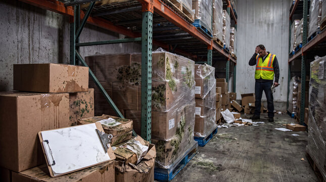 Mold damaged cardboard boxes warehouse worker spoiled inventory mold damages packaged warehouse copy