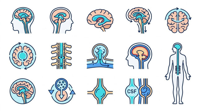 Colorful Vector Icons of Human Brain and Nervous System.