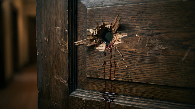 Dark Wooden Wall with Bullet Hole and Blood Stains