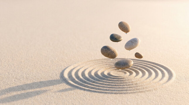 Pebbles levitating above sand with concentric circles creating calm and balanced zen garden scene