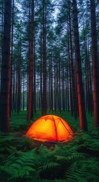 A glowing orange tent sits nestled among tall pine trees in a dense green forest during a peaceful twilight, surrounded by soft ferns, orange, autumn, shadows