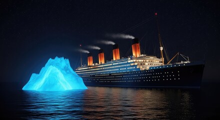 Fototapeta premium A massive vintage ocean liner sails across calm dark waters under a brilliant starry night, passing near a glowing blue iceberg at sea, ship, evening, sea