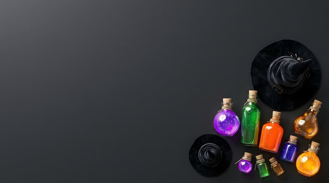 Halloween witch hat and magic potion bottles arranged on dark black surface